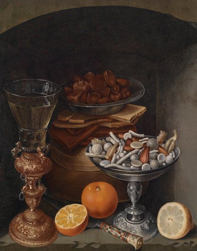 Still Life with a Wine Glass, Oranges, a Plate of Mushrooms, and a Silver Bowl with Sweets by Circle of Georg Flegel